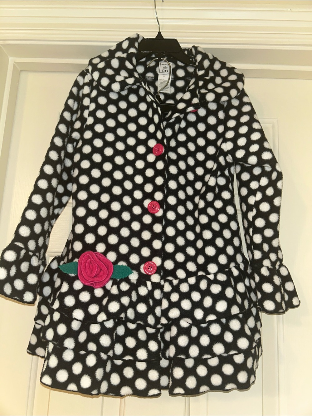 Girls' Black & White Polka Dot Pea Coat with Pink Rose Accent by Gymboree